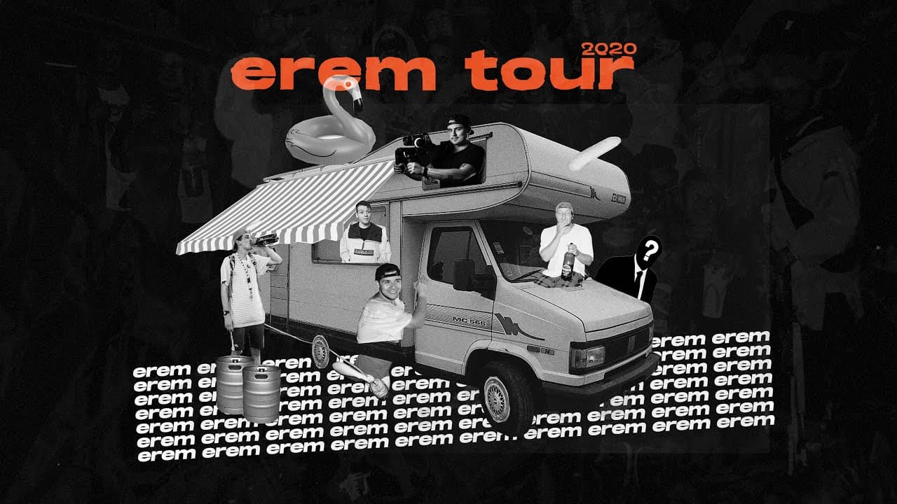 Koláž obytňáku eremtour s posádkou, sudy a kamerou.
